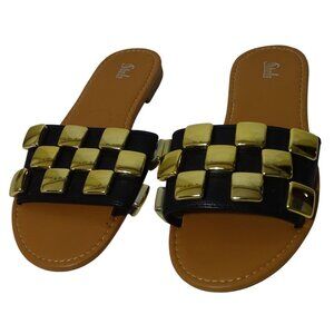 Sheln Slides Sandals Black Gold Checkered Women Size 36 US 5.5/6 Open Toe Flats
